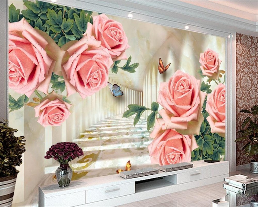 Abstract 3d tunnel with big roses wall mural wallpaper